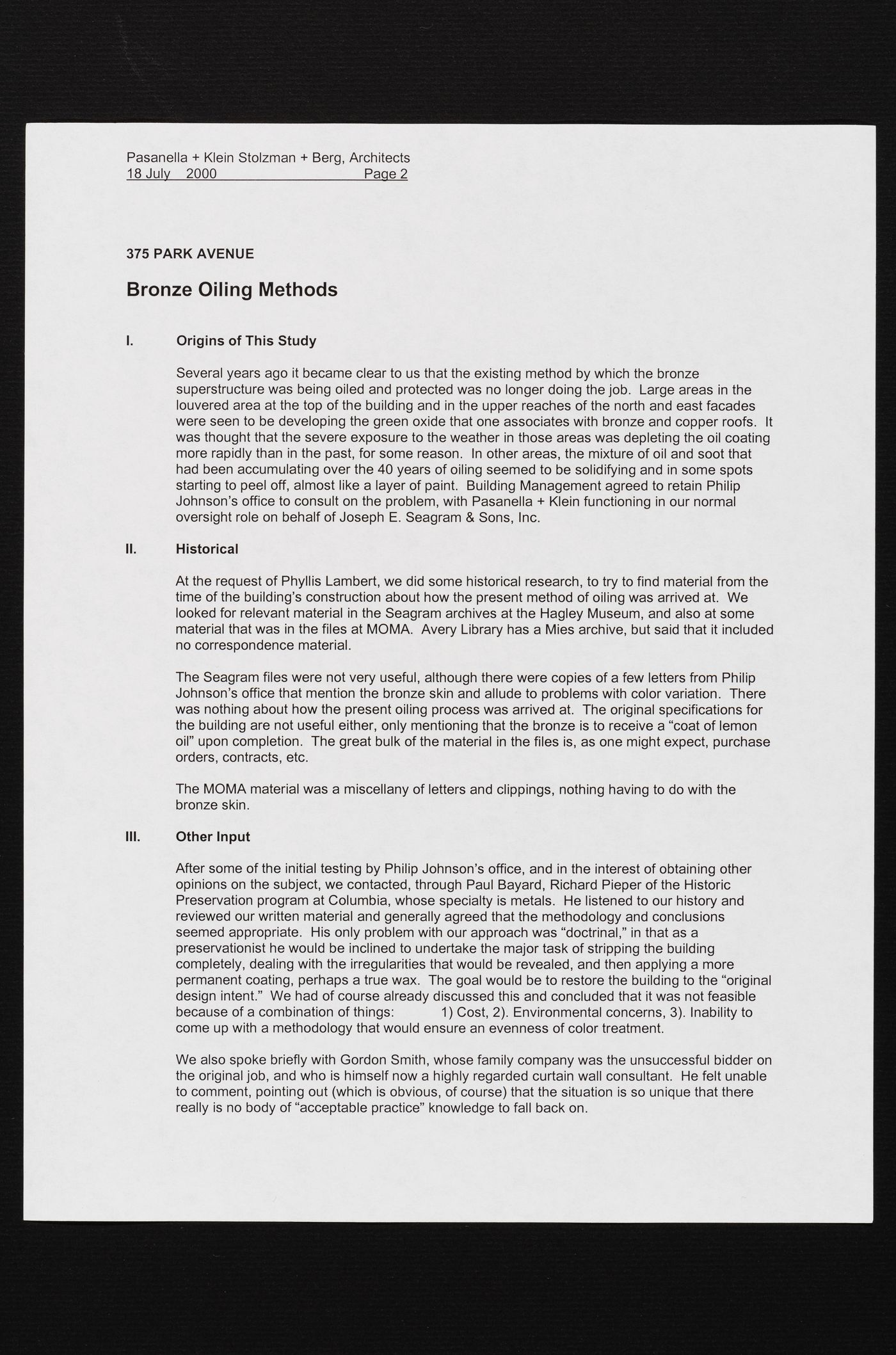 Interim report on new bronze oiling method for Seagram Building, 375 Park Avenue, New York, New York