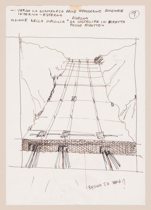 Page 9 of a storyboard describing filming locations and planning sketches of various scenes for Supersuperficie [Supersurface]