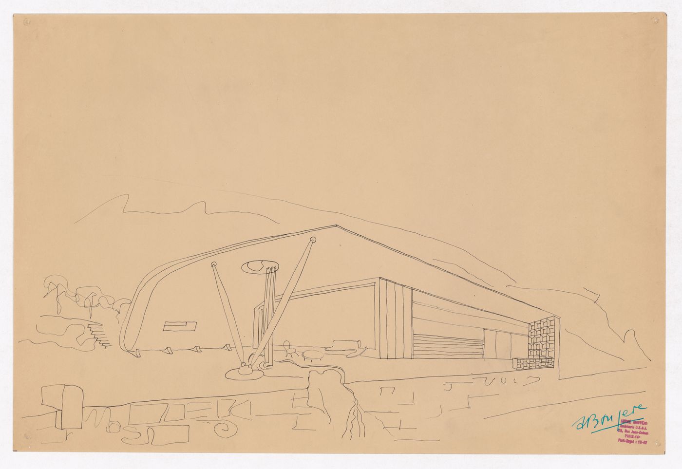Perspective for a guest villa showing the terrace and the principal and lateral façades, Village Polychrome, near Biot, France