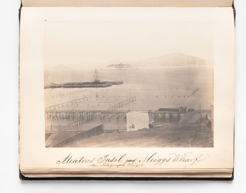 View of Alcatraz Island and Fort Alcatraz under construction from near Dupont Street (later Grant Street), San Francisco