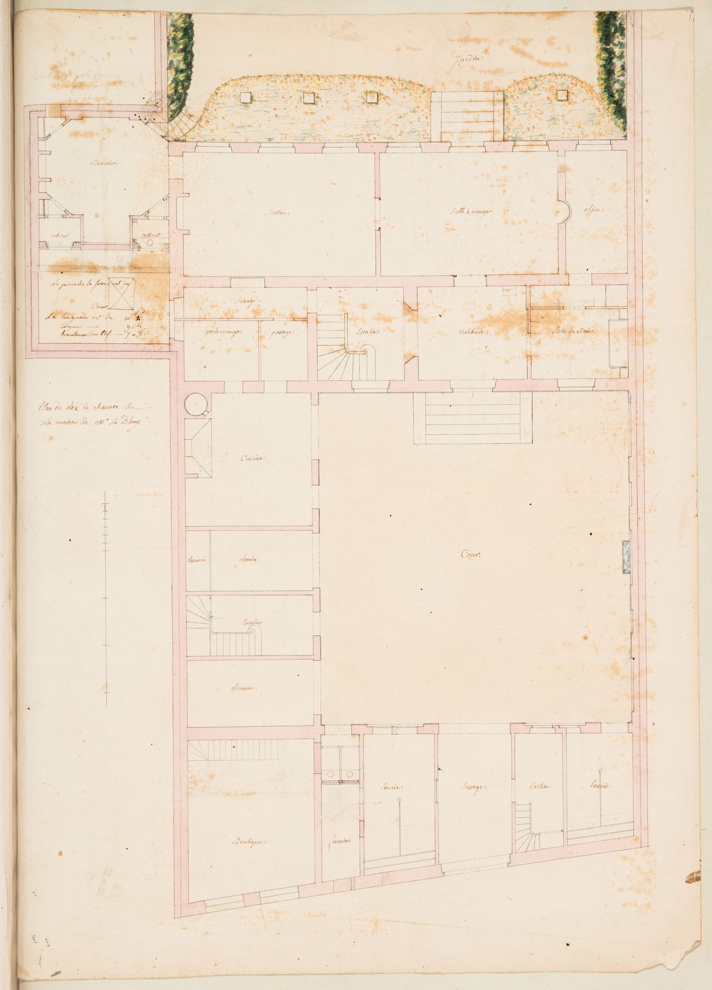 Project for renovations for a house for M. le Dhuy: Ground floor plan; verso: Project for renovations for a house for M. le Dhuy: Notes, mostly illegible