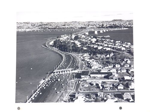 Aerial view of the Auckland Harbour Bridge, over the Waitematā Harbour, Auckland, New Zealand