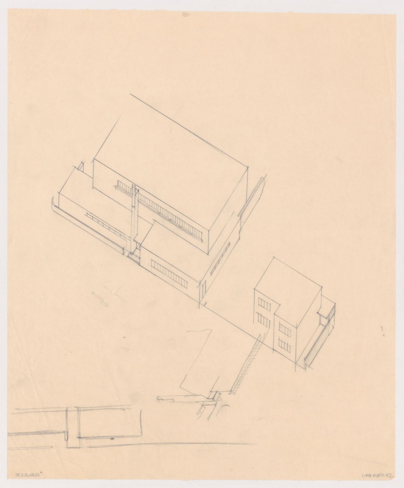 Bird's-eye axonometric, partial axonometric and partial sketch plan for the church for Kiefhoek Housing Estate, Rotterdam, Netherlands