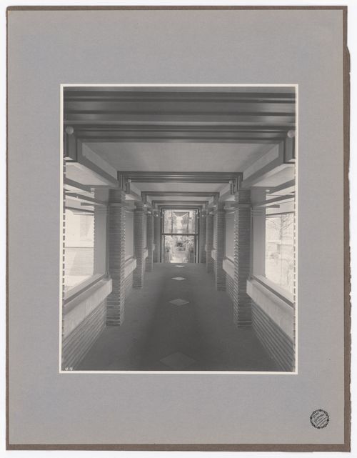 Interior view of Darwin D. Martin House showing the conservatory from halfway down the pergola, Buffalo, New York