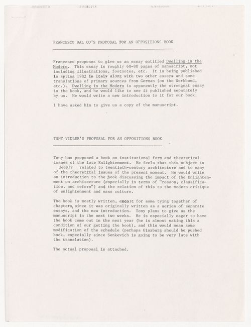 Summaries of book proposals from Francesco Dal Co and Anthony Vidler with attached proposal by Vidler