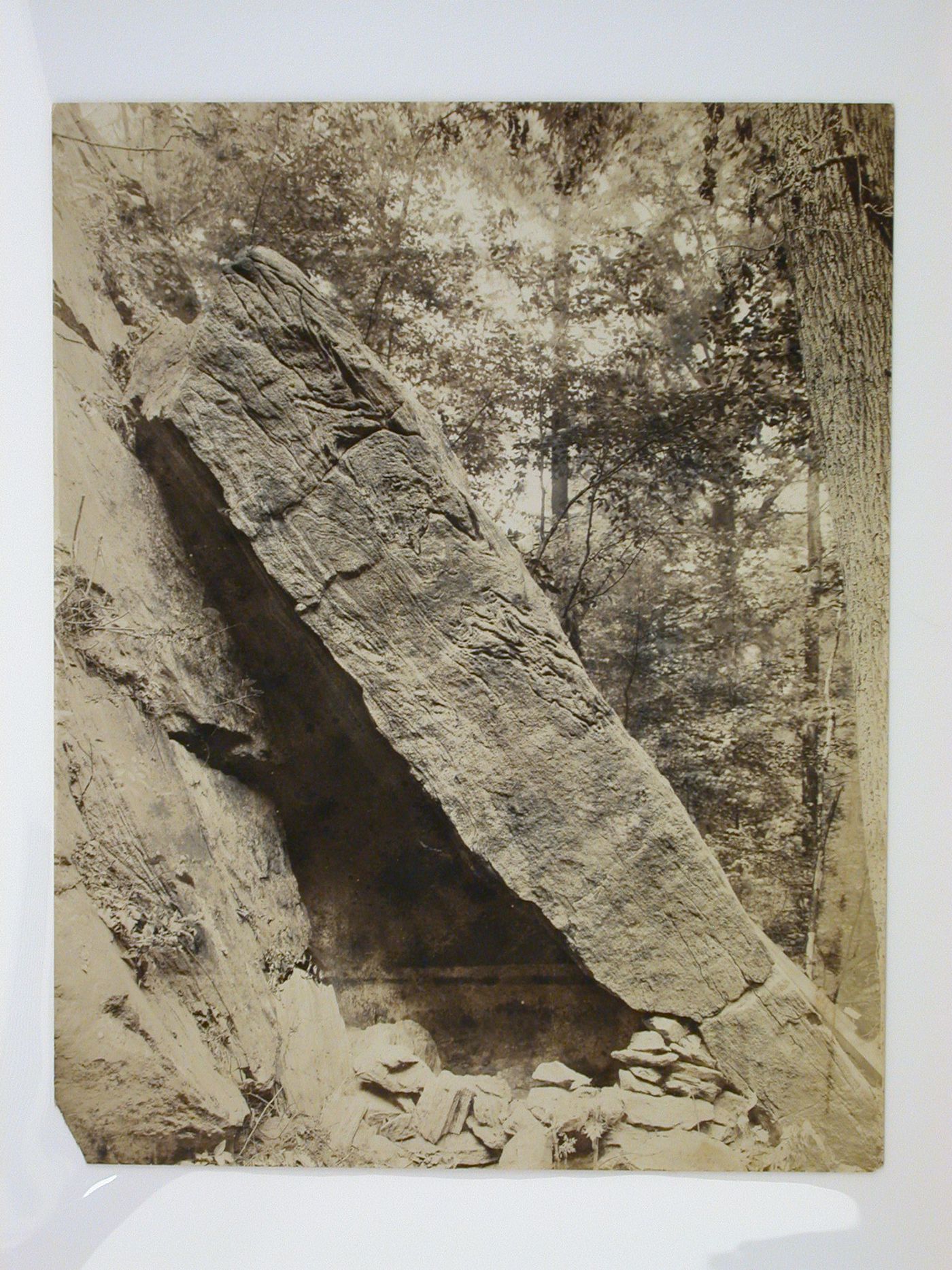Close-up view of a slab of rock meant to become the mantle for a clubhouse fireplace, Longue Vue Golf Course, New York [?], United States