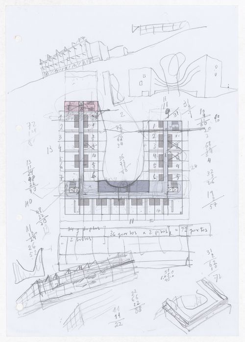 Sketch perspectives and plans with calculations for Parque de Pedras Salgadas, Hotel Avelames, Spa e Casa de Chá, Pedras Salgadas, Portugal
