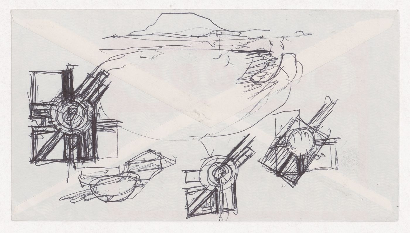 Sketch plans and axonometric view for Görlitzer Bad swimming pool, Berlin, Germany; verso: Sketch axonometric views and plan for Görlitzer Bad swimming pool, Berlin, Germany