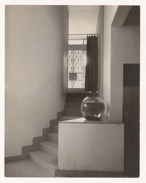 Interior view of Jan and Joel Martel's home and studio, showing a staircase and fishbowl, Mallet-Stevens road in the 16th arrondissement, Paris, France