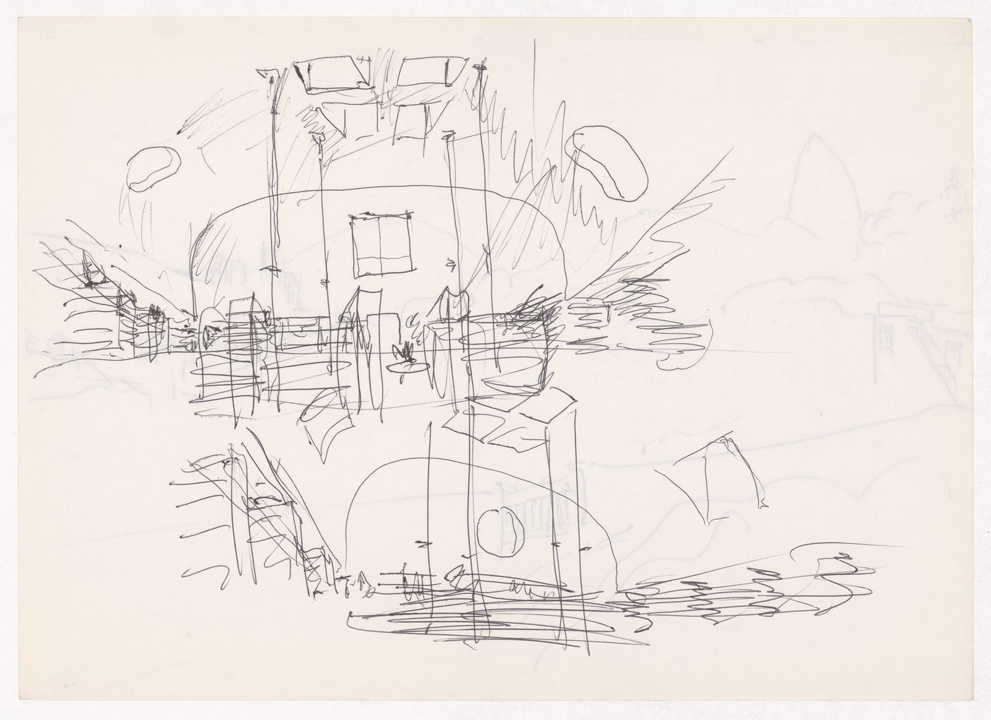 Sketch perspectives for Centro Cultural de Sines, Sines, Portugal; verso: Sketch perspective