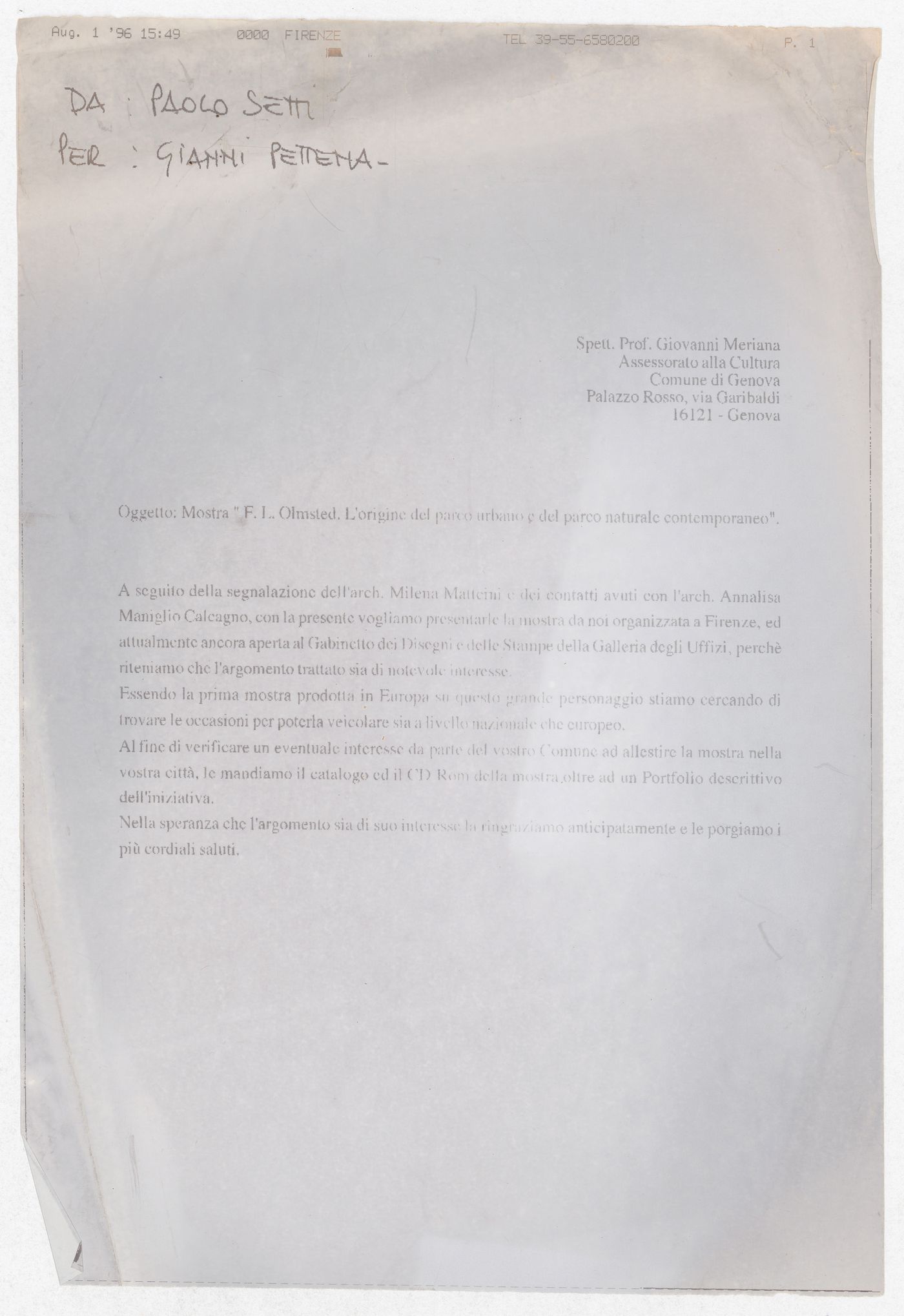 Correspondence with Professor Giovanni Meriani for the exhibition Olmsted: L'origine del parco urbano e del parco naturale contemporaneo