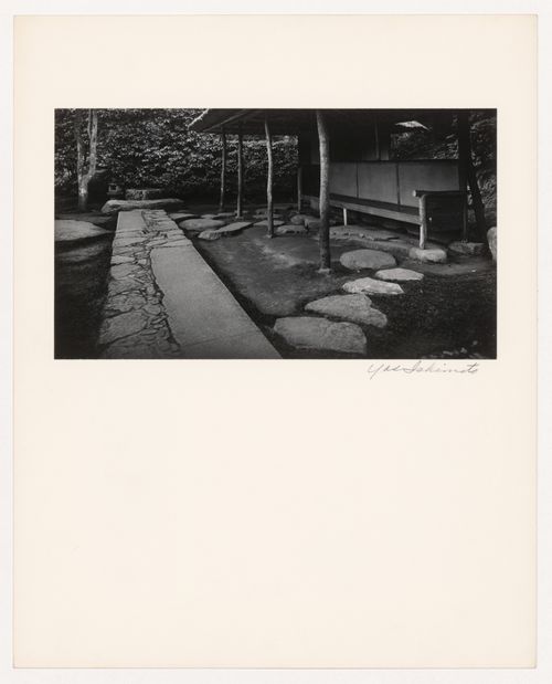 View of the Outside Resting Place (also known as the Waiting Bench) showing a stone path and stepping-stones, Katsura Rikyu (also known as Katsura Imperial Villa), Kyoto, Japan