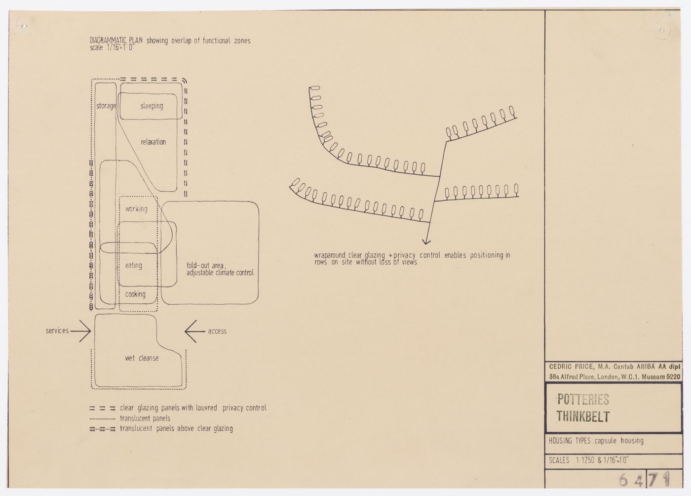Diagrammatic plan and site plan for capsule housing for Potteries Thinkbelt