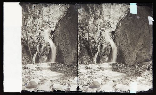 Stereograph of waterfall in Santa Anita Canyon, California, United States of America