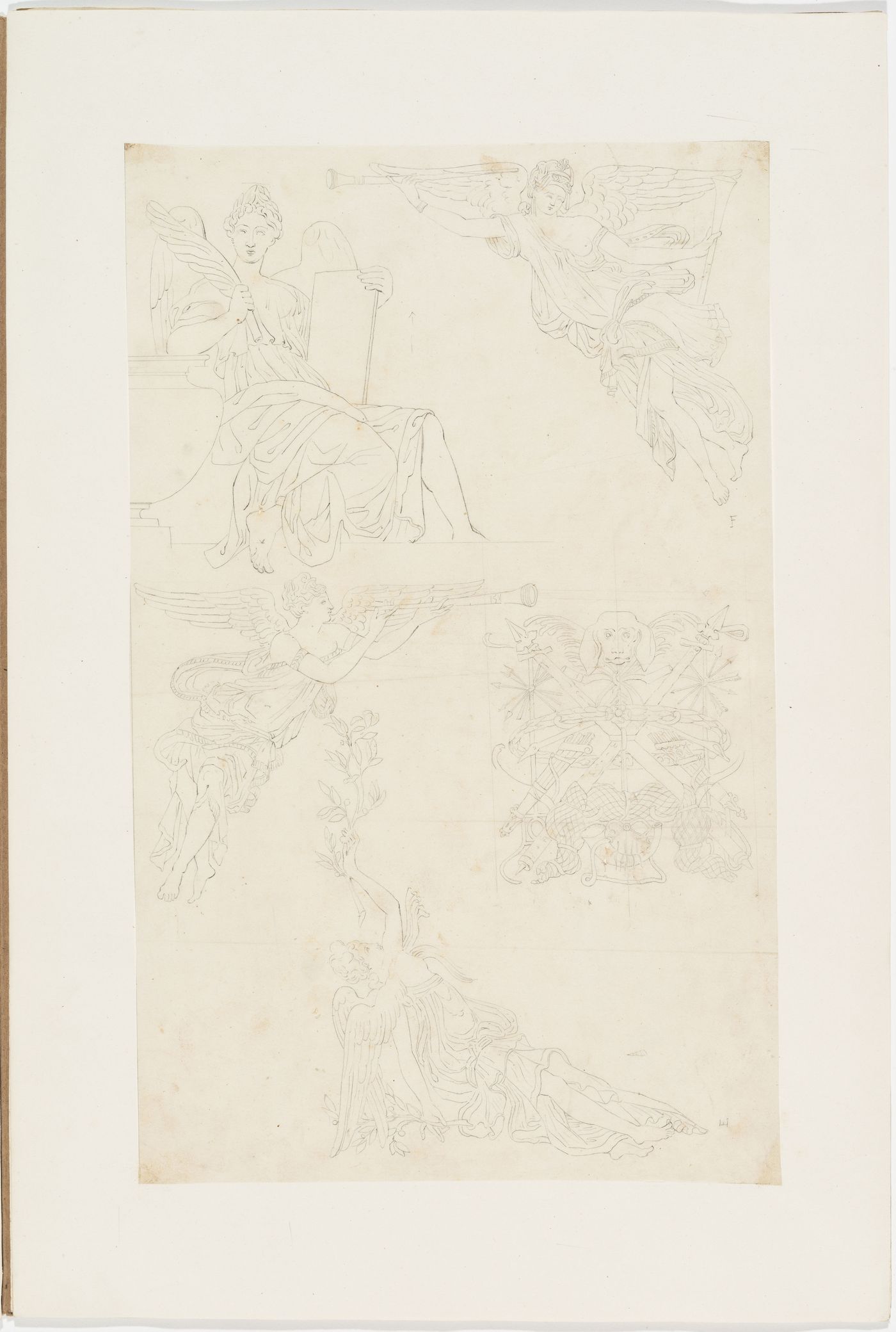 Four drawings of winged female figures, probably Victories, and one trophy