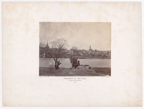 View of the ruins of a bridge with the town of Fredericksburg in the background, Virginia, United States
