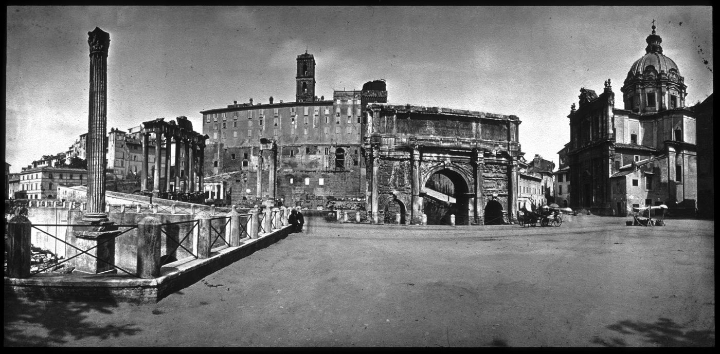 General view of the Forum, facing Capitoline Hill, with column of phoras at left, arch of Septimus Severus at center, and Church of SS. Luca e Martina, Rome, Italy