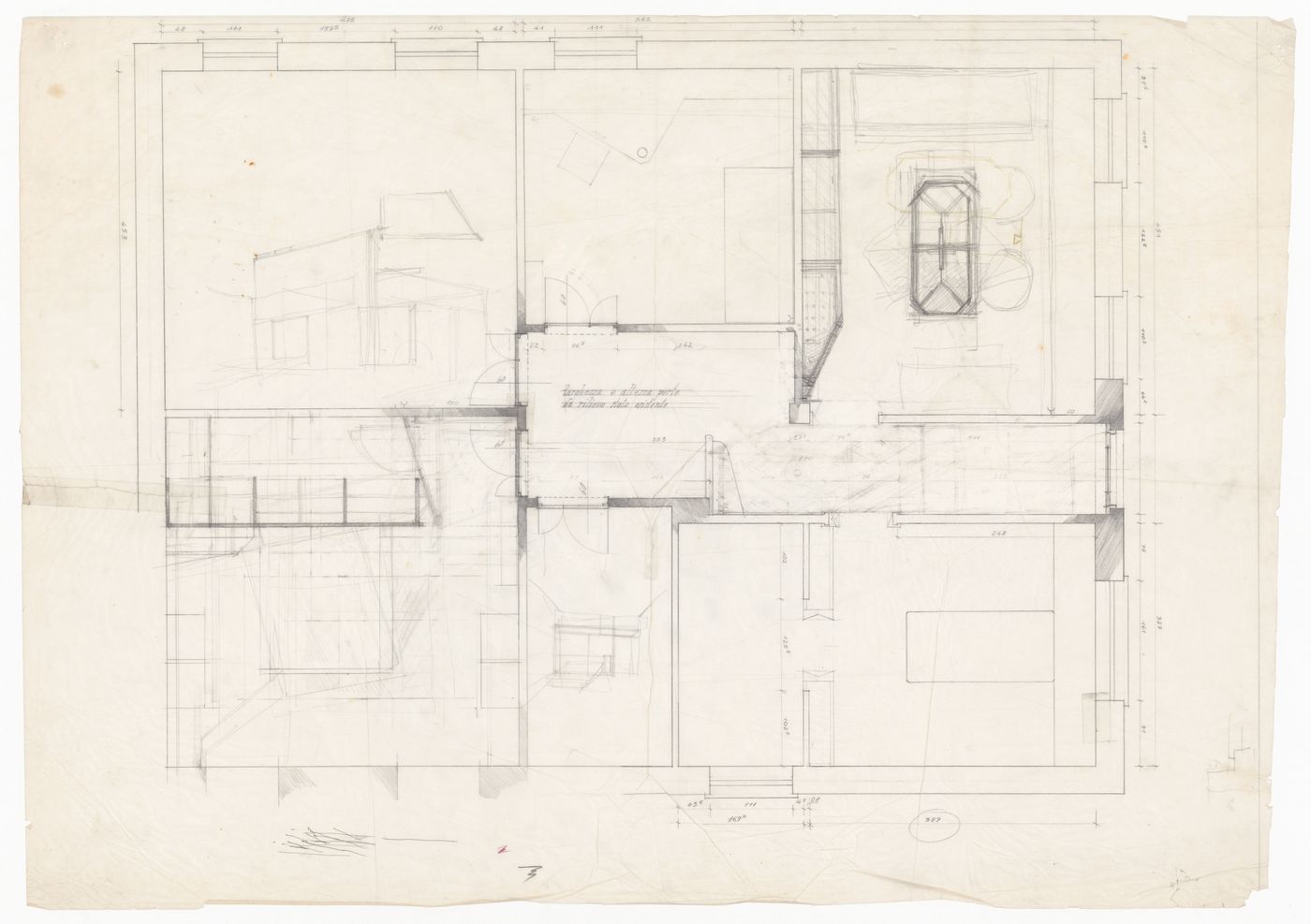 Floor plan with sketches for Casa Longhini, Milan, Italy