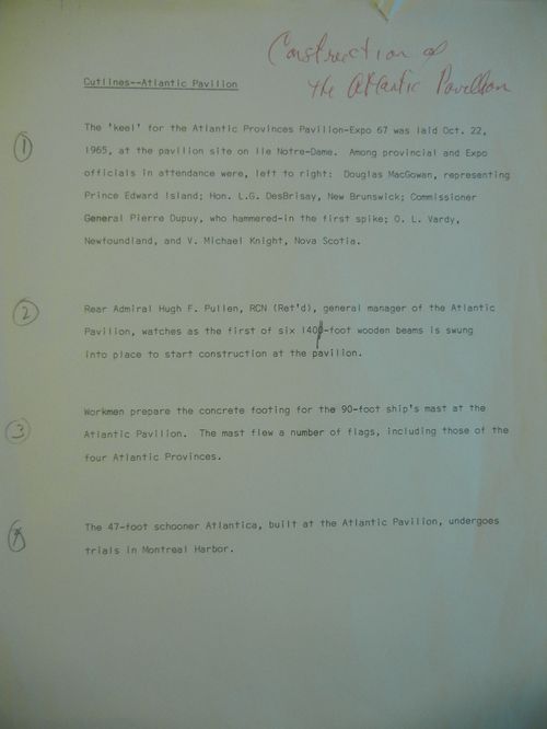 Description of four photographs taken at the construction stage of the Atlantic Provinces' Pavilion, Expo 67, Montréal, Québec