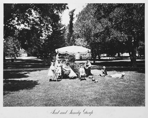 View of the estate grounds and family group, Thurlow Lodge, Menlo Park, California, United States