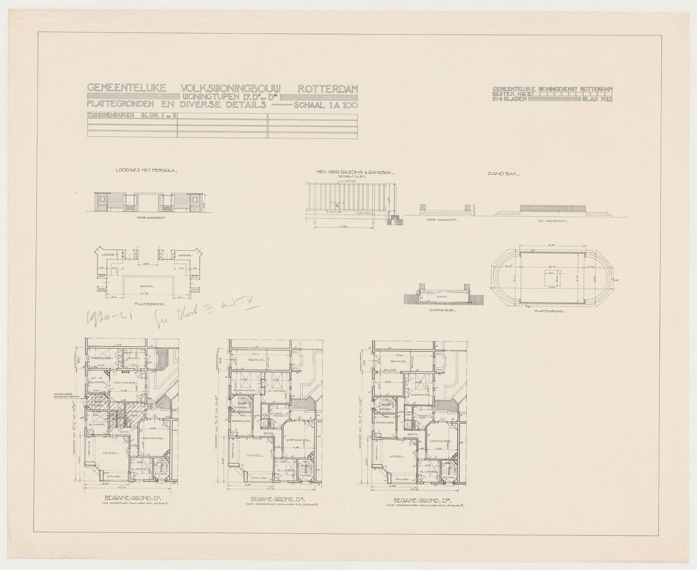 Ground floor plans for type D1 - D3 housing units, elevation and plan for sheds and plans, sections and elevation for a sandbox for Blocks 1 and 2, Tusschendijken Housing Estate, Rotterdam, Netherlands