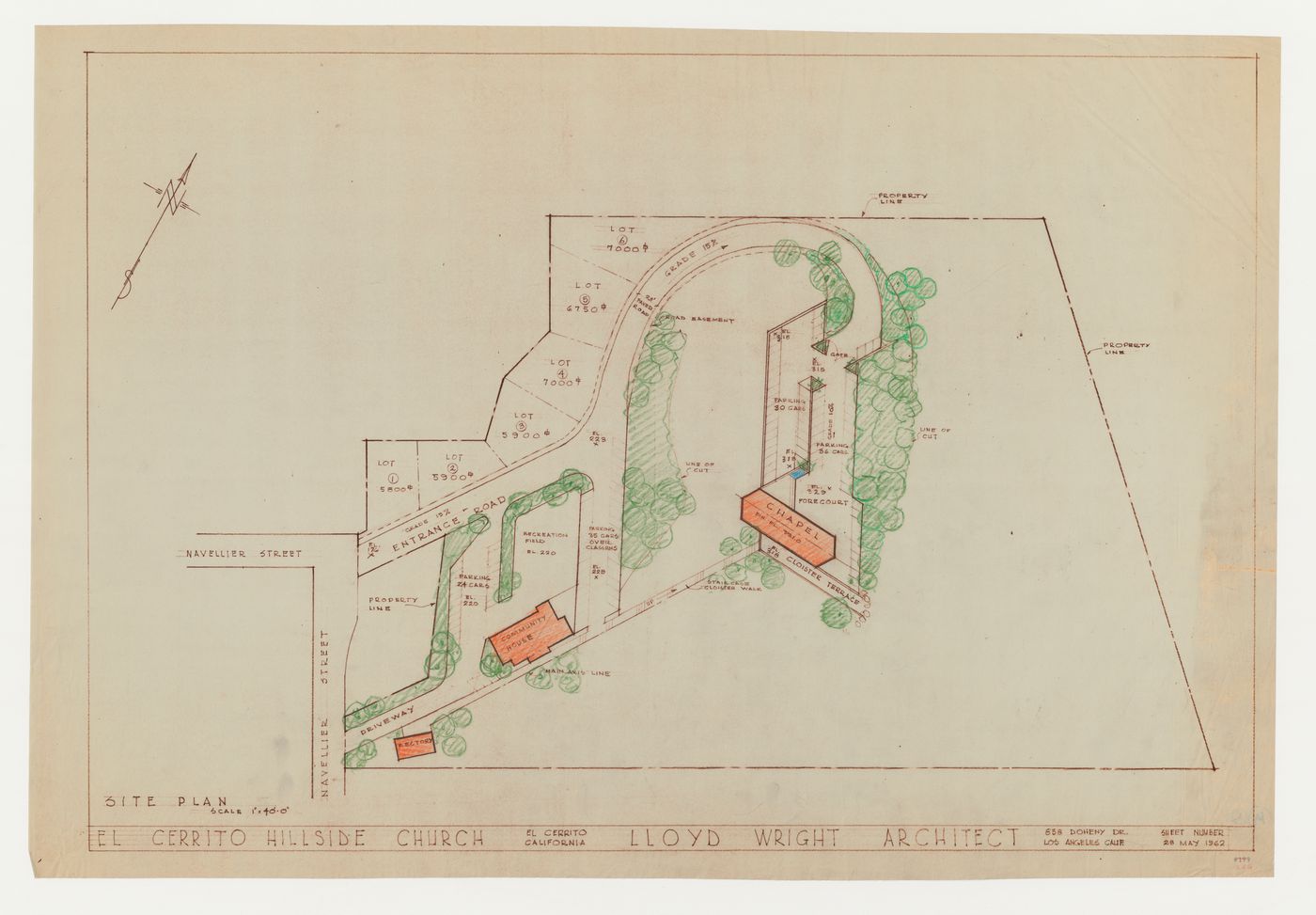 Swedenborg Memorial Chapel, El Cerrito, California: Site plan with sketches for trees