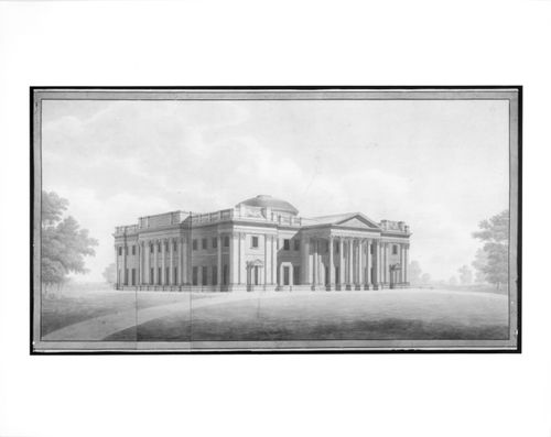 Perspective of the principal and garden fronts for Waterloo Palace with a flap showing an alternative to the central bay of the garden front