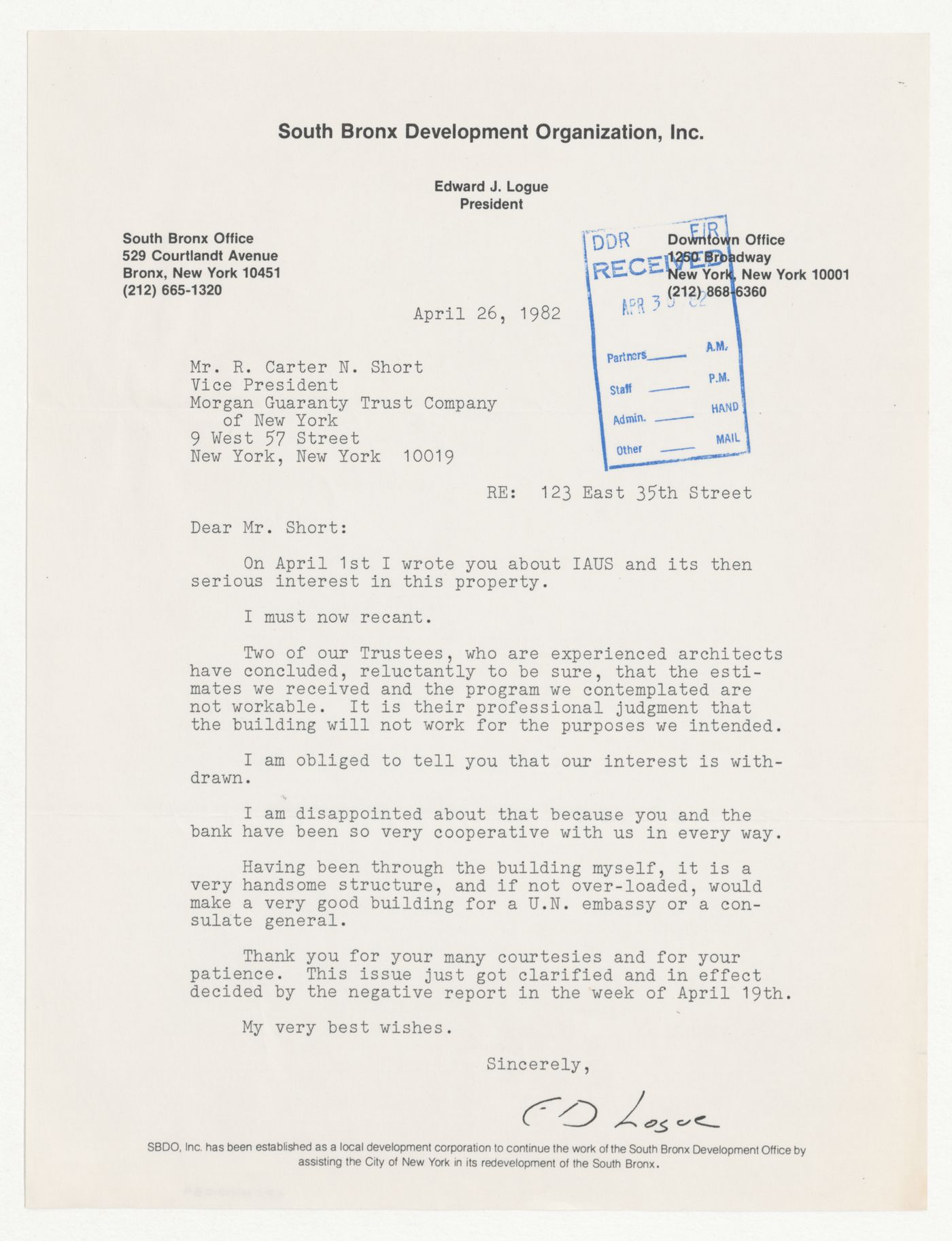 Letter from Edward J. Logue to R. Carter N. Short about property at 123 East 35th Street