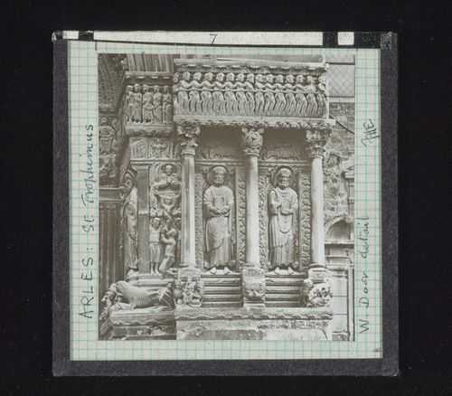 Detail view of sculpture of west door of Saint-Trophime, Arles, France