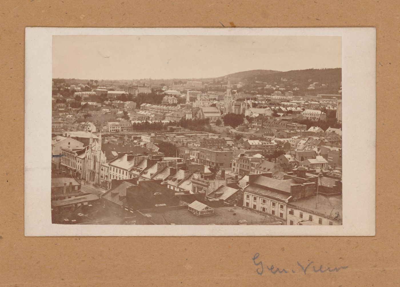 View of Montréal, possibly from a tower of Basilique Notre-Dame, with Mount Royal in the background, Canada (now Québec, Canada)