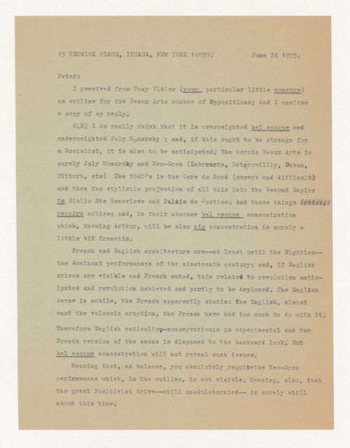 Letter from Colin Rowe to Peter D. Eisenman