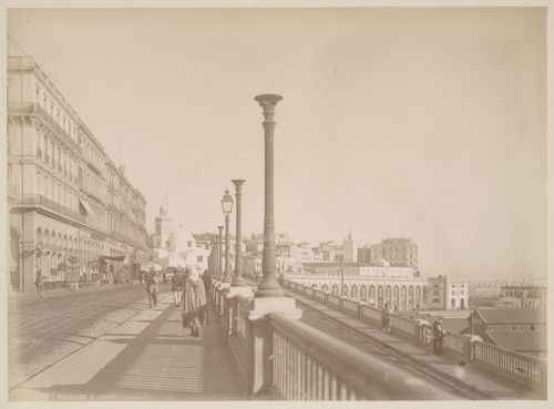View of le boulevard de la République street with dome of Mosquée de la Pêcherie mosque, consular palace and city in the distance, Algiers, Algeria