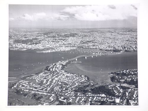 Aerial view of the Auckland Harbour Bridge, over the Waitematā Harbour, Auckland, New Zealand