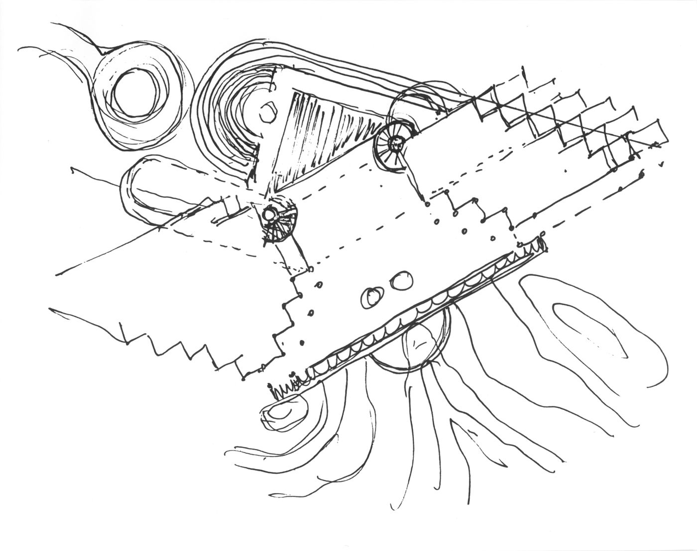 Site plan of complex showing contoured berms, entrance court and building configurations