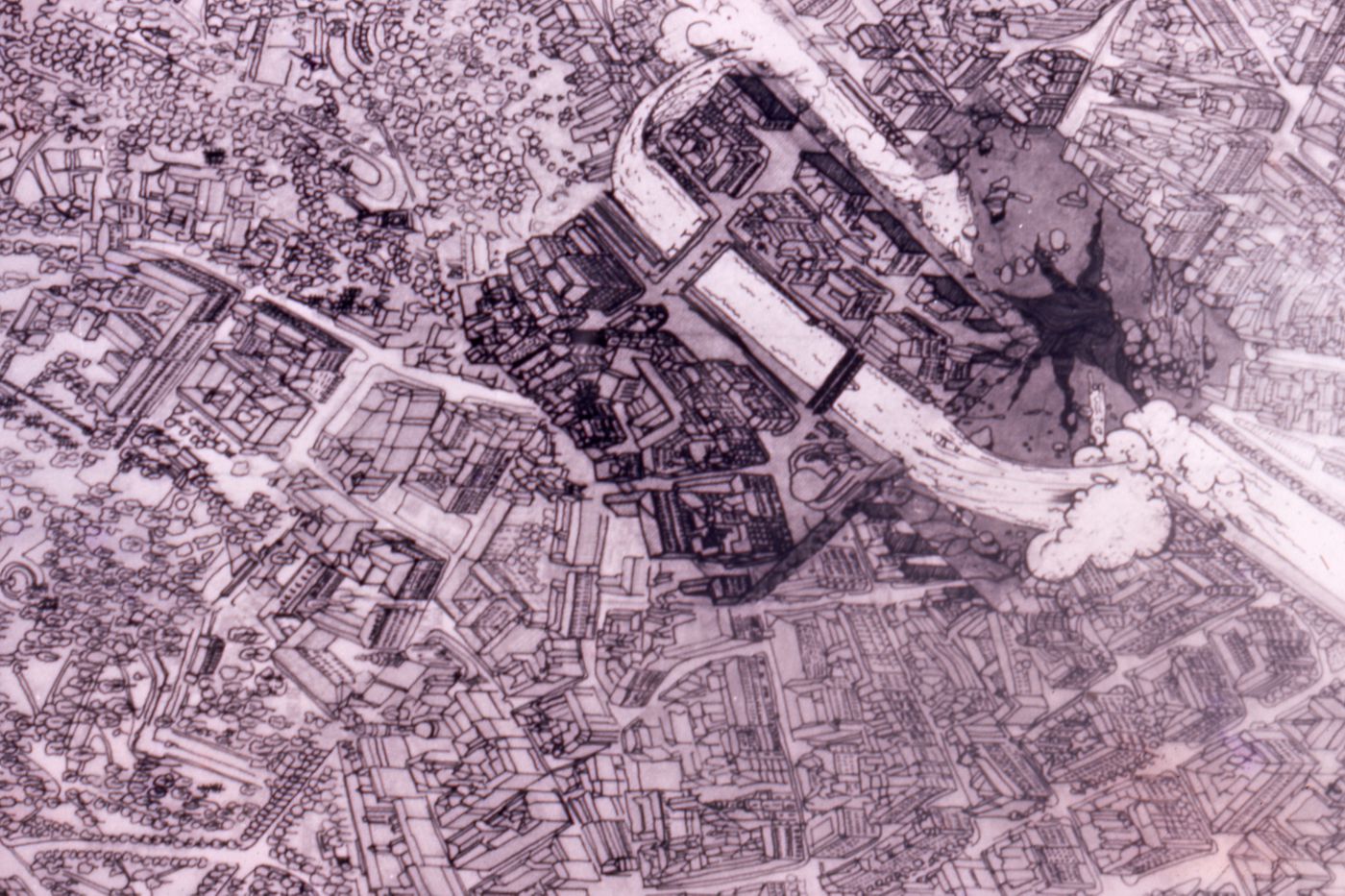 Slide of bird's eye view drawing of city for Red Line