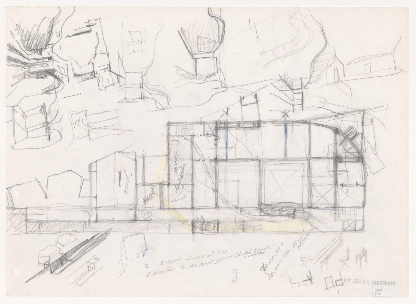 Plan and sketches for C. Cultural e Audit. para a Fundação Iberê Camargo [Iberê Camargo Foundation Museum], Porto Alegre, Brazil