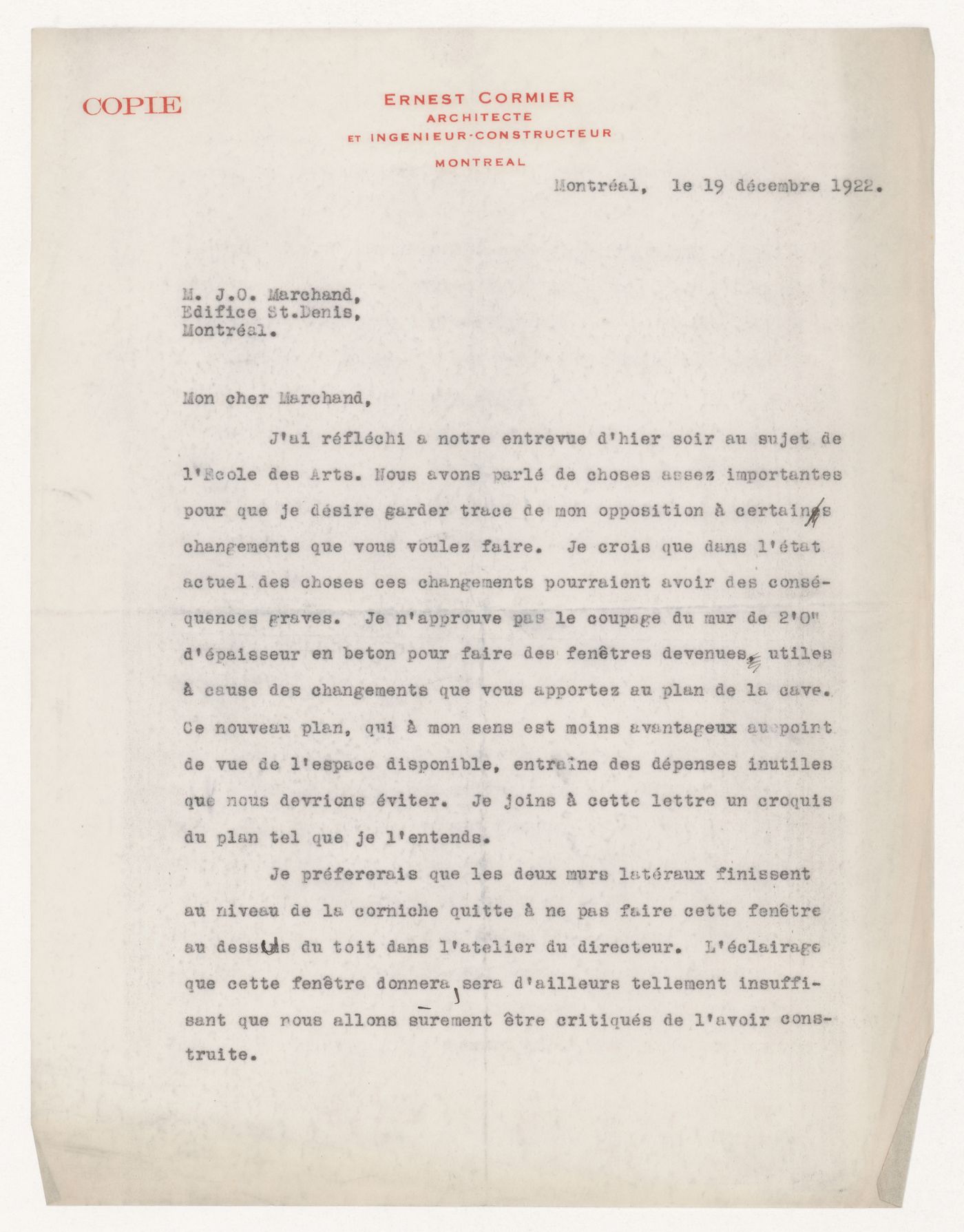 Lettre d'Ernest Cormier à J.O. Marchand