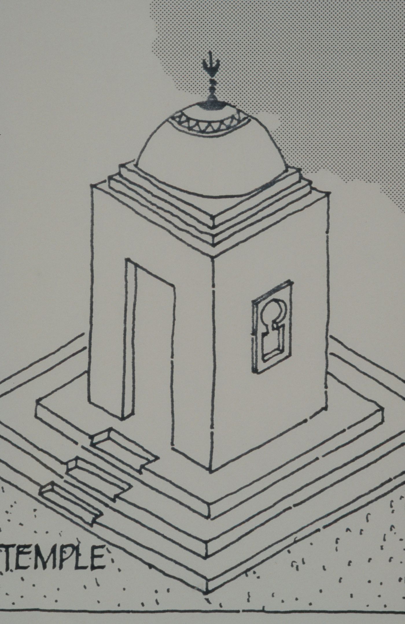 Axonometric view of temple for the Aranya Housing Project, Indore, India