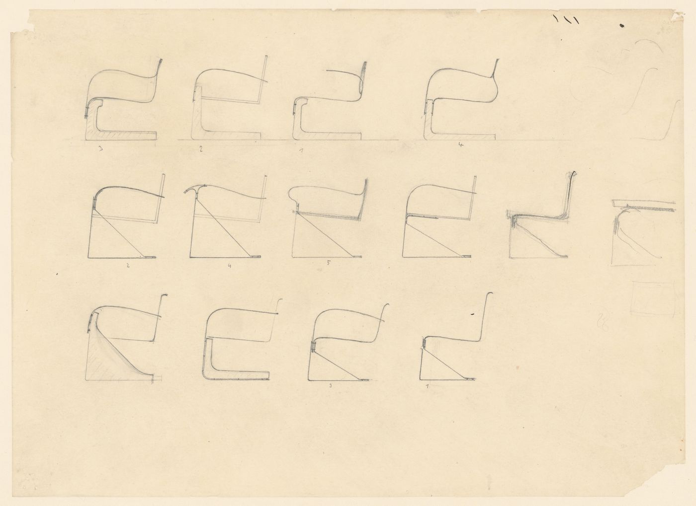 Fourteen studies for a cantilevered chair (Brno chair variations)