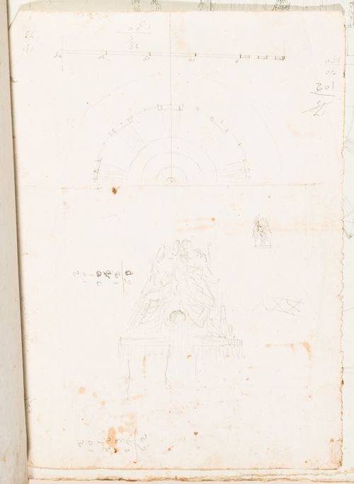 Half plan for a fountain with a conceptual sketch for a sculpture; verso: Sketch for a sculpture, possibly for a fountain