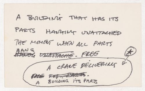 A building that has its parts hanging unattached / The moment when all parts hang free / A crane  delivering a building its parts