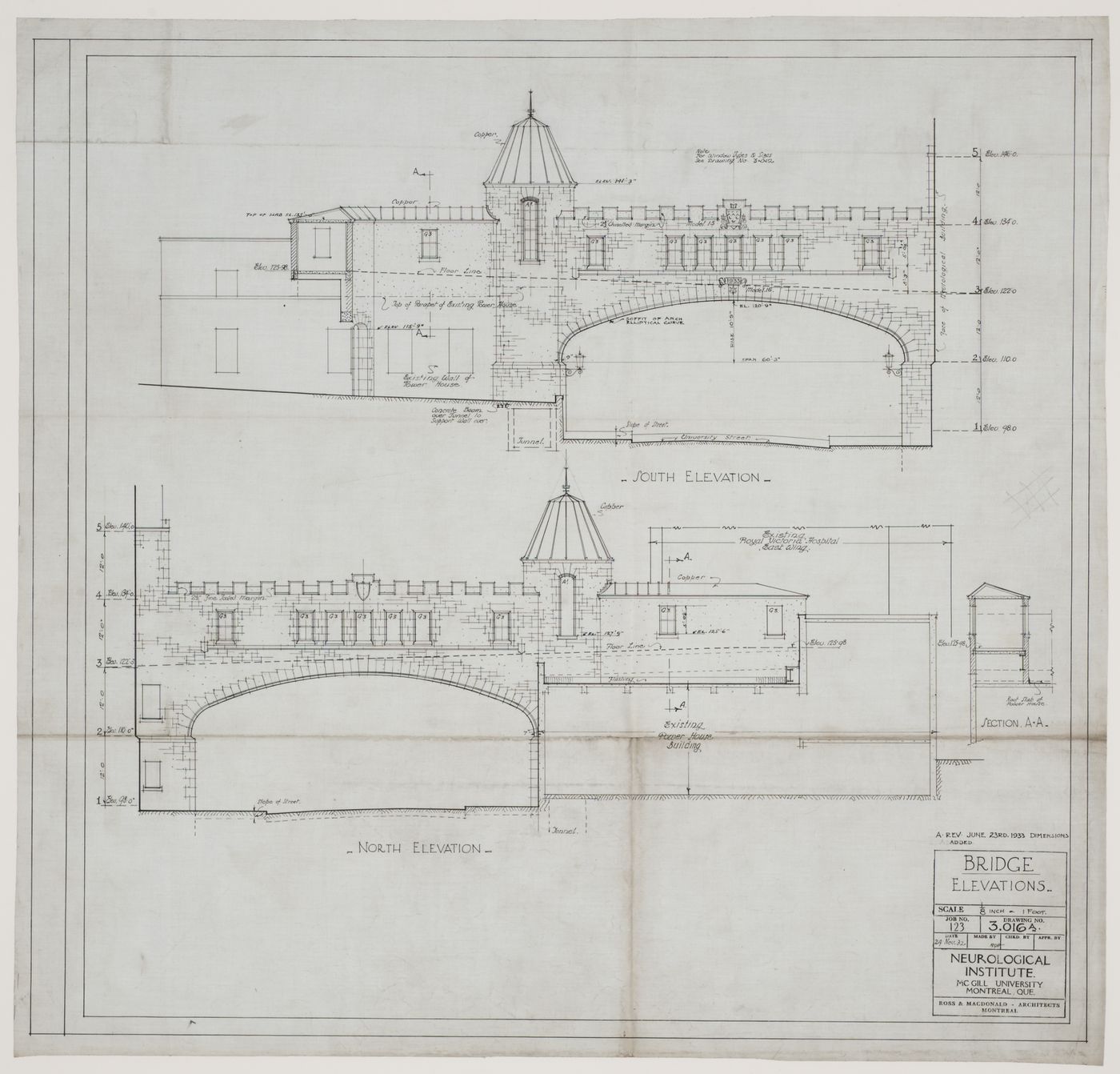 Montréal Neurological Institute, Montréal, Québec: south and north bridge elevations