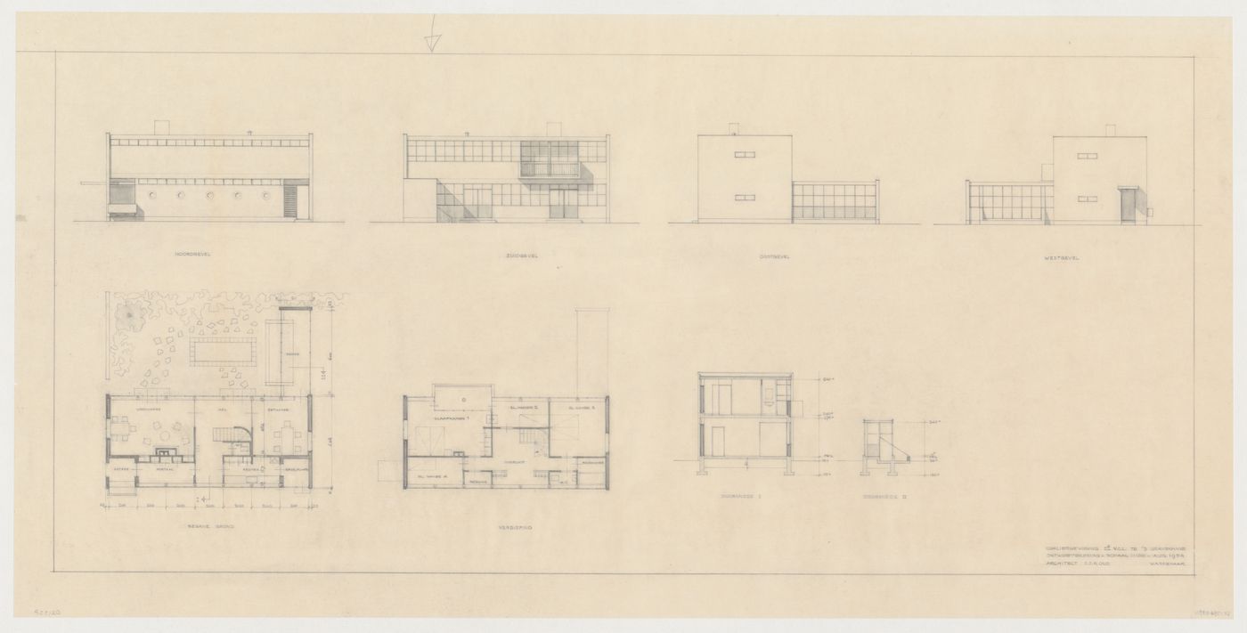 Ground and first floor plans, sections, and elevations for the school-porter's house for the Second Liberal Christian Lyceum, The Hague, Netherlands
