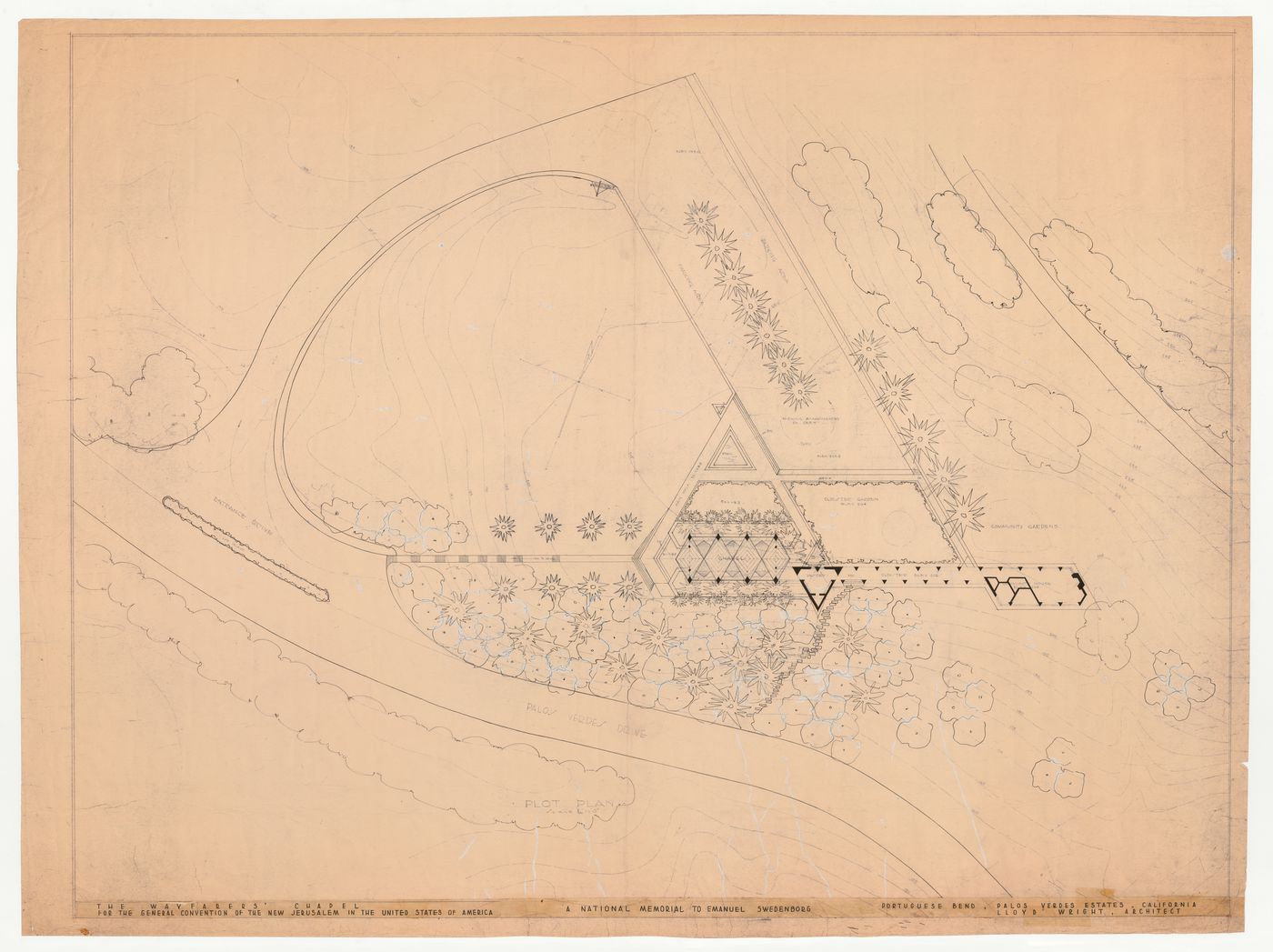 Wayfarers' Chapel, Palos Verdes, California: Preparatory drawing for a site plan