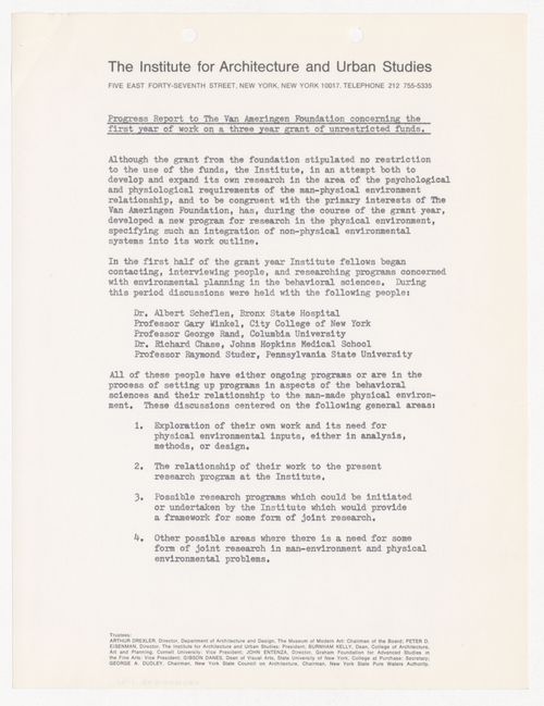 Progress report to the Van Ameringen Foundation