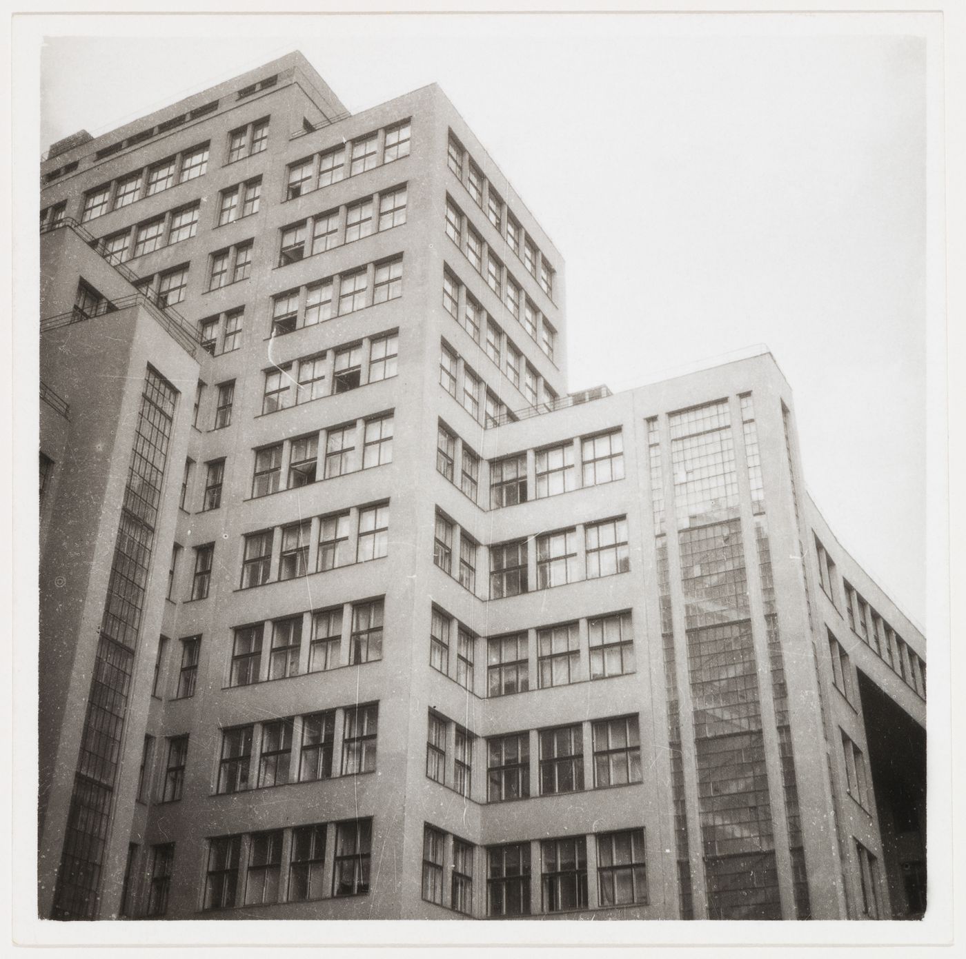 Partial exterior view of Department of Industry and Planning (Gosprom) buildings from below, Kharkov, Soviet Union (now in Ukraine)