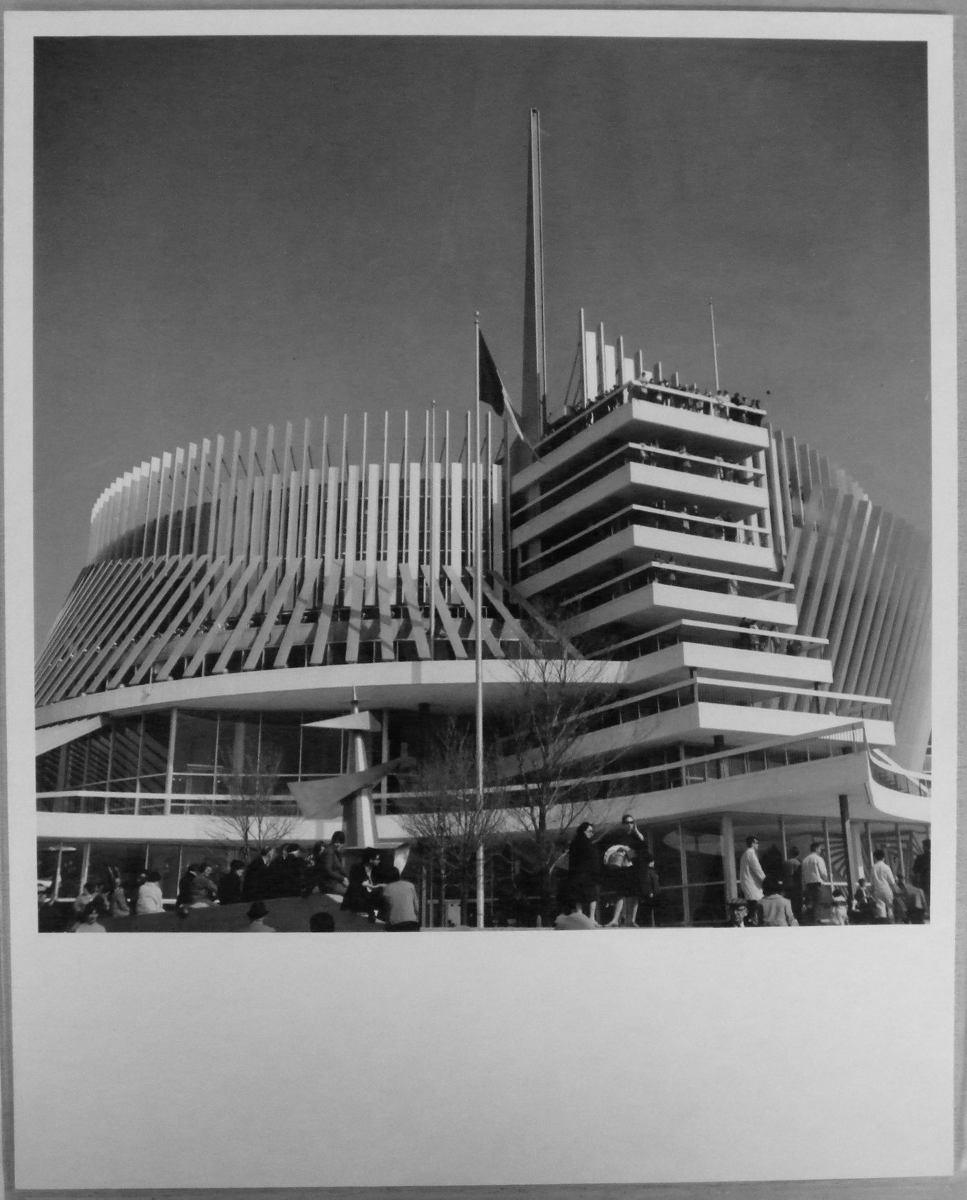 View of the Pavilion of France with the sculpture 'Obélisque oblique' by Henri-Georges Adam, Expo 67, Montréal, Québec