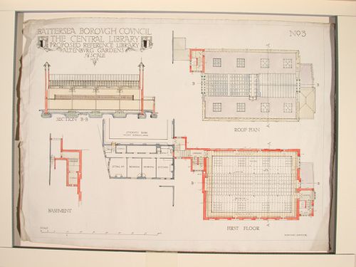 Roof, first floor plans and section for the proposed reference library, Battersea Borough