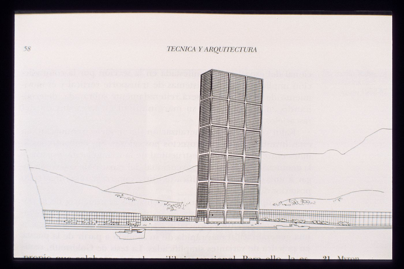 Slide of a drawing for concrete skyscraper from Myron Goldsmith's master's thesis