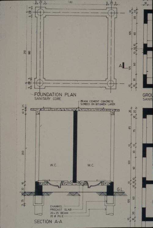 Foundation plan and section of sanitary core for the Aranya Housing Project, Indore, India